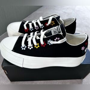 Converse Black Sneakers with Colorful Floral Details, Size 5, NEW